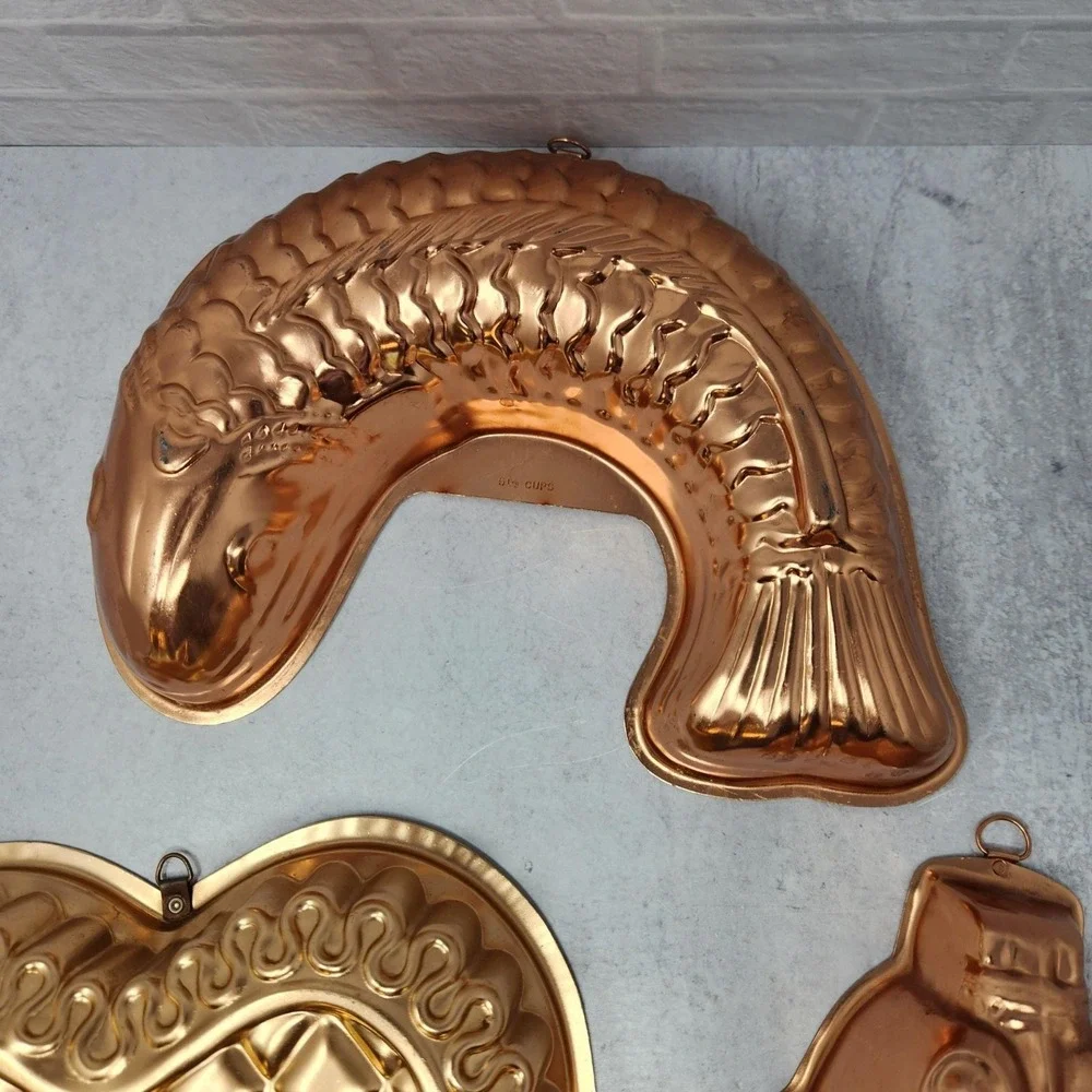 Set of 3 Vintage Copper Gelatin Molds Heart, Fish & Grapes Old Dutch Jello Cake